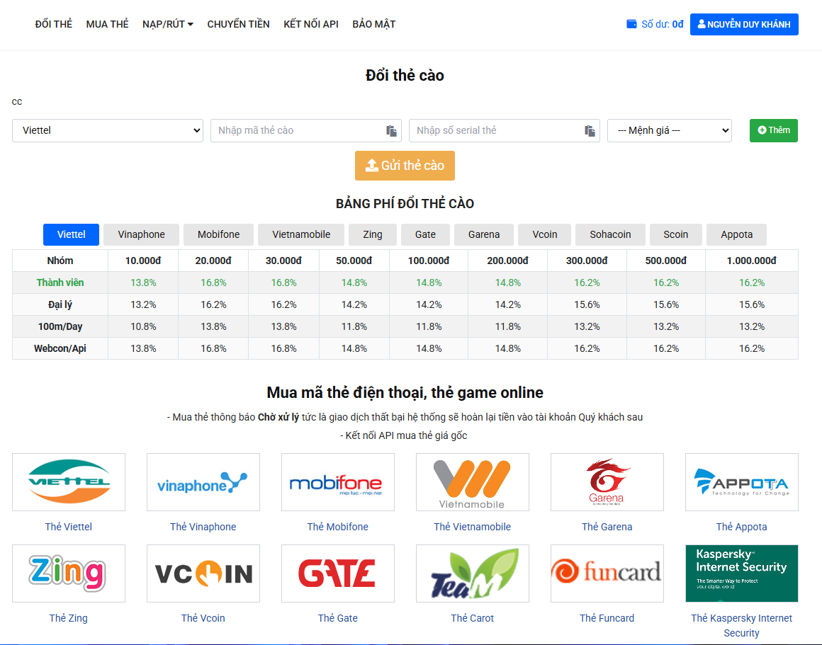 Share code gạch thẻ cào có nạp topup (nguồn youtube)