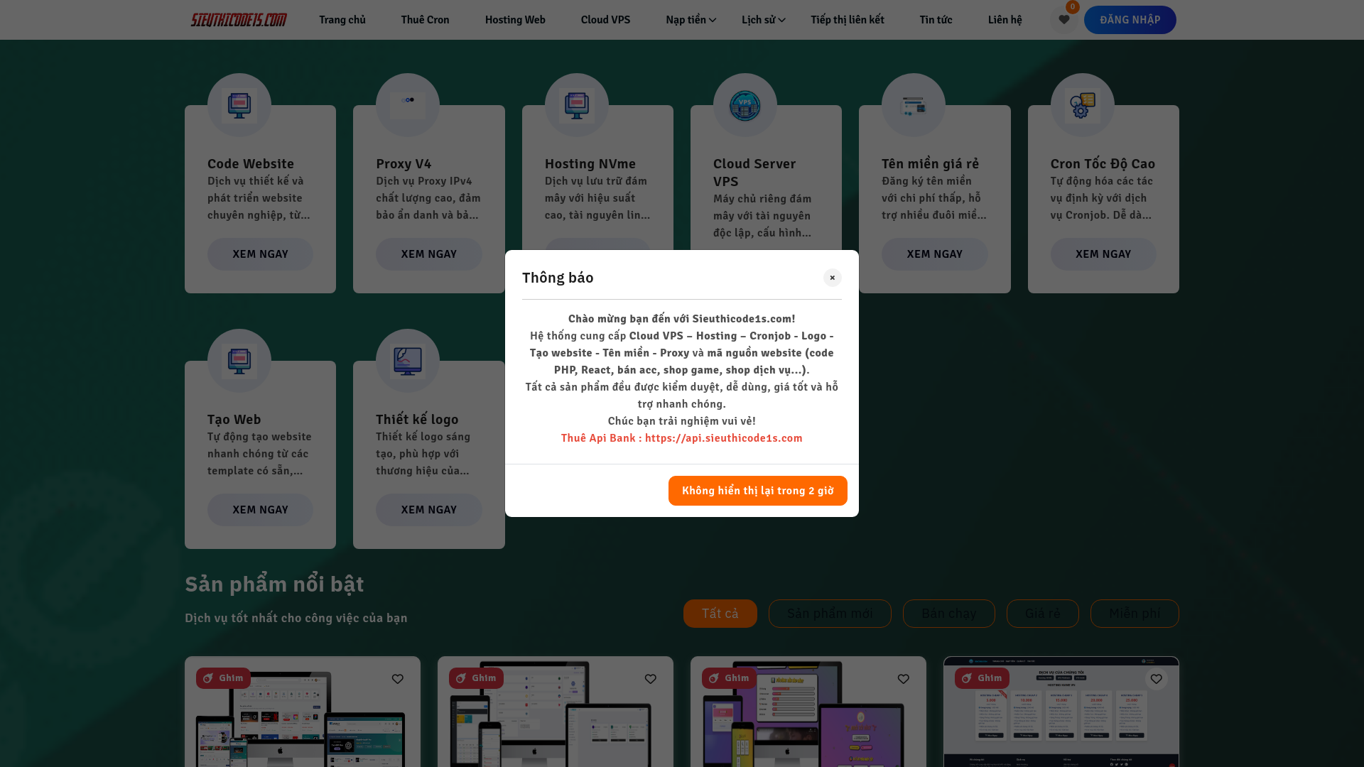 Code Bán Mã nguồn Dịch vụ Proxy V4 Bán Hosting Cloud Server VPS Tên miền giá rẻ Cron Tốc Độ Cao Tạo Web Thiết kế logo giống của Sieuthicode1s.com 100%